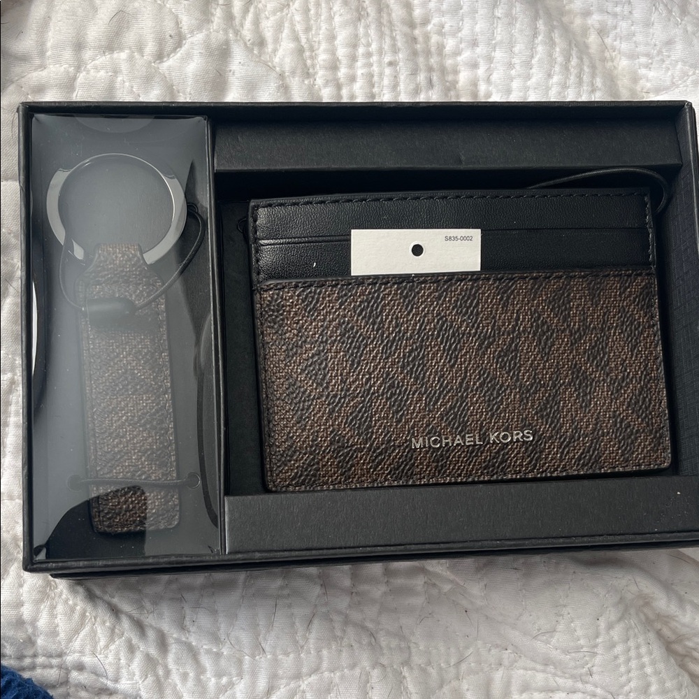 Michael Kors Black and Brown Monogram Card Case and KeyFob Holder Set